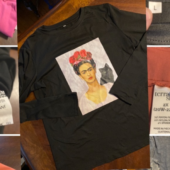 Tops - Black Long Sleeve Tee with Frida Kahlo Print